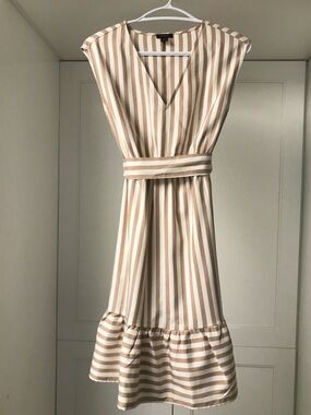Ann Taylor Taupe and White Striped V-Neck Midi Dress US XS